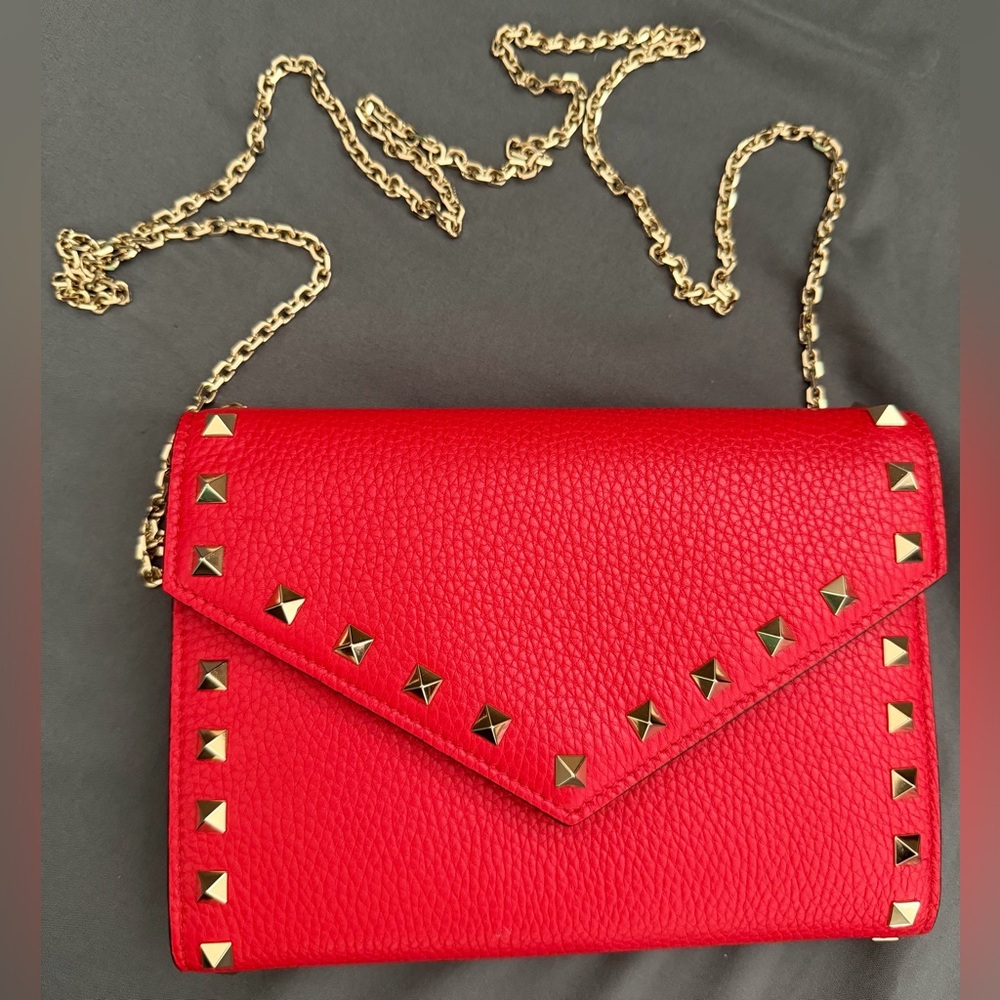 Valentino Garavani Red Studded Clutch with Gold Chain